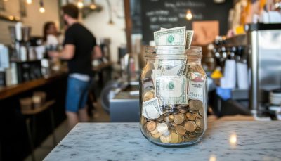 coffee shop tip jar filled with coins and cash
